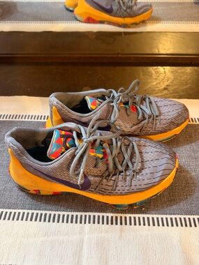 Nike Gray and Yellow Running Shoes with Purple Swoosh